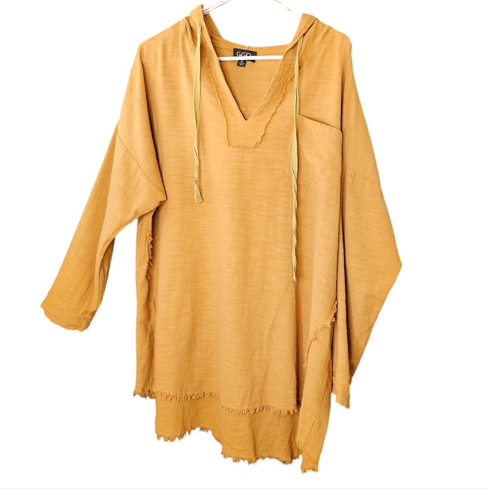 GIGiO Oversized Raw Hem Pocket Lagenlook Drawstring Hooded Gold Tunic Size M